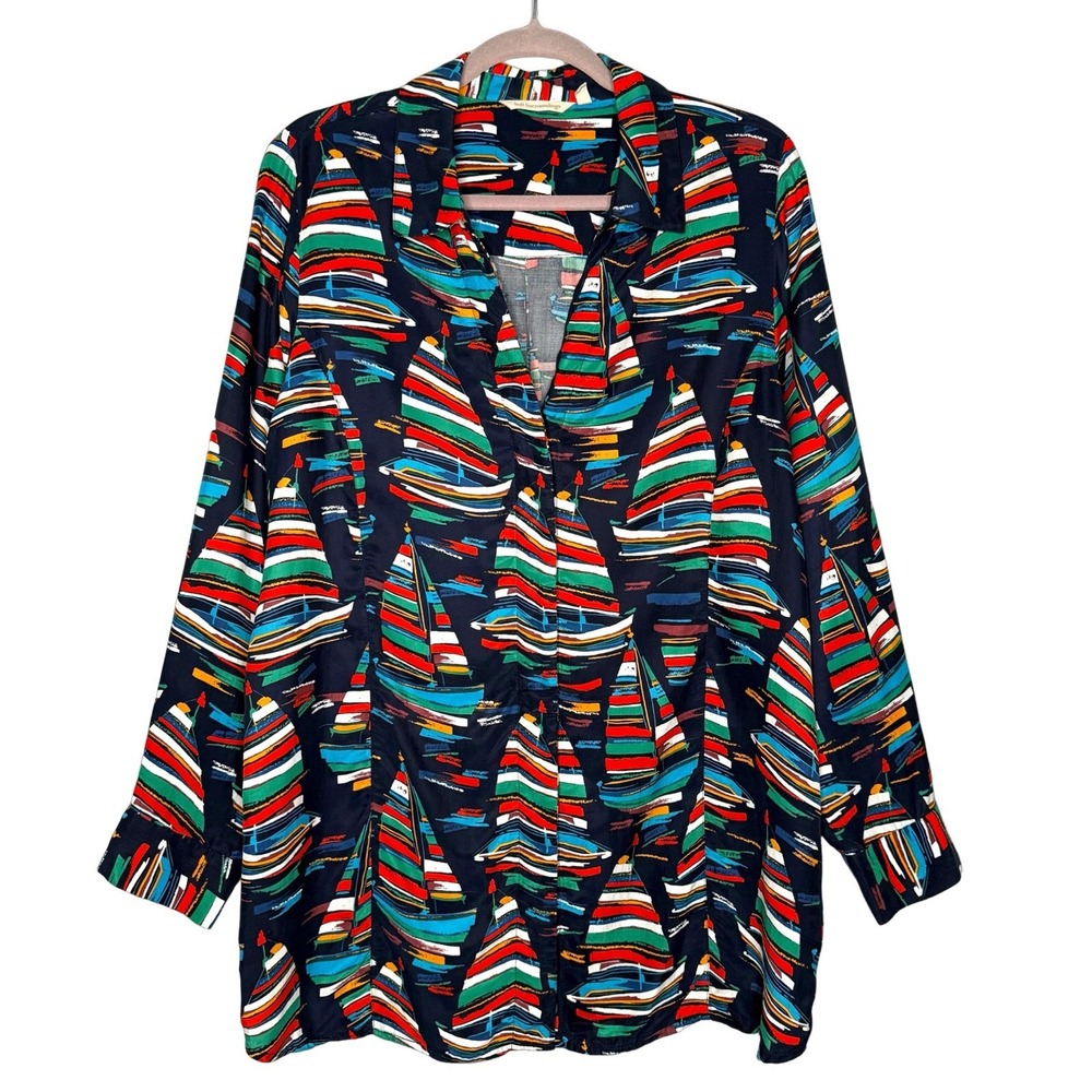 Soft Surroundings XL Blouse Tunic Navy Blue Red‎ Sail Boats Button Up Top